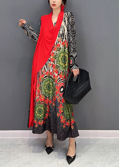 Red Asymmetrical Patchwork Print Maxi Dress Spring