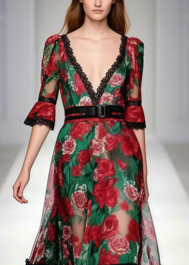 Red Deep-v Neck Print Chiffon Party Dress Summer