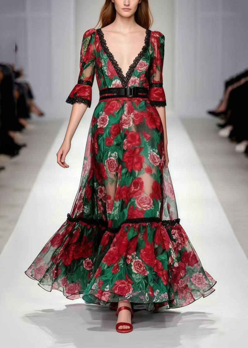 Red Deep-v Neck Print Chiffon Party Dress Summer