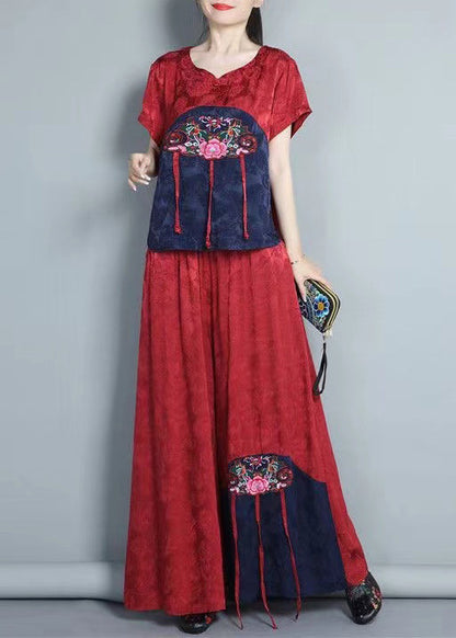 Red Embroidered Tops and Pants Silk Two Piece Set Summer