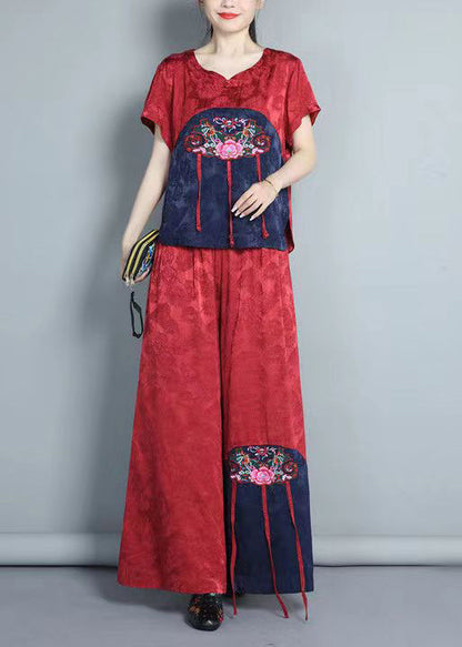 Red Embroidered Tops and Pants Silk Two Piece Set Summer