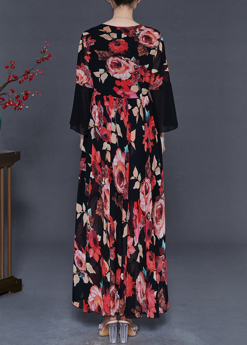 Red Patchwork Chiffon Maxi Dresses Spring