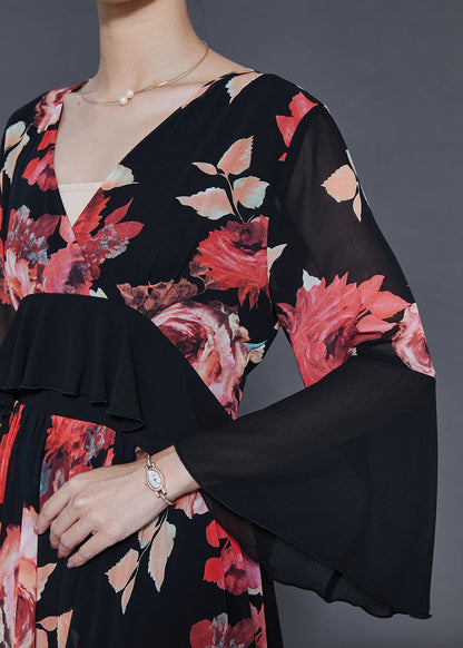 Red Patchwork Chiffon Maxi Dresses Spring