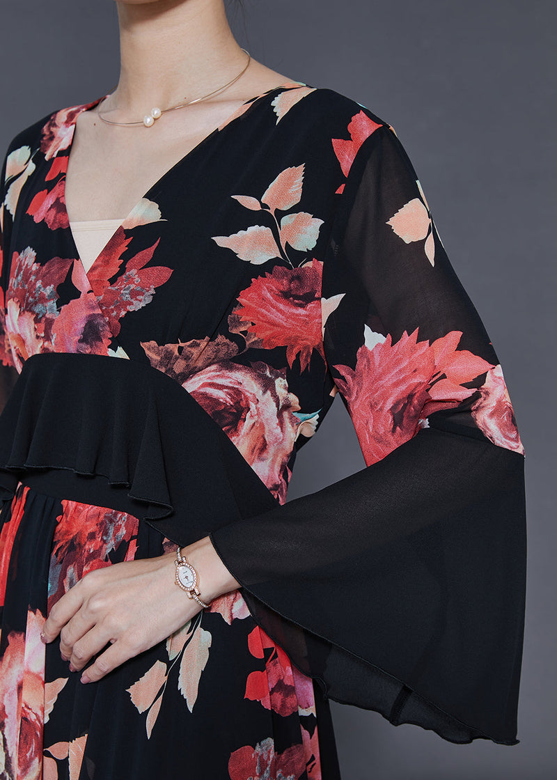 Red Patchwork Chiffon Maxi Dresses Spring