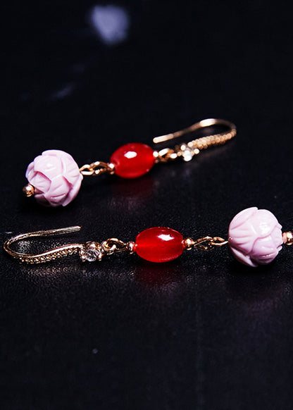 Red Gem Fine Lotus Flower Stone Drop Earrings