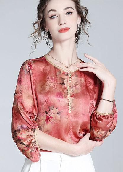 Red O Neck Print Silk Blouse Top Bracelet Sleeve