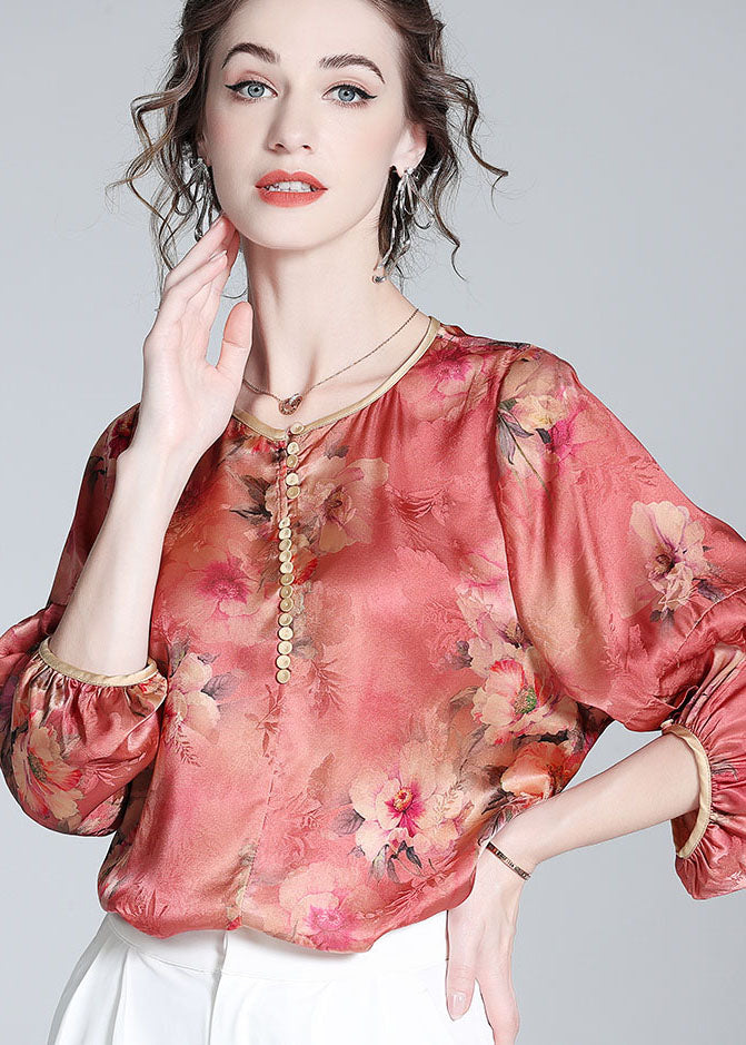 Red O Neck Print Silk Blouse Top Bracelet Sleeve