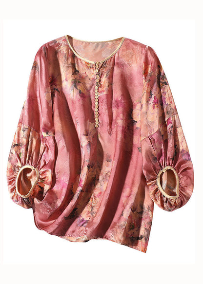 Red O Neck Print Silk Blouse Top Bracelet Sleeve