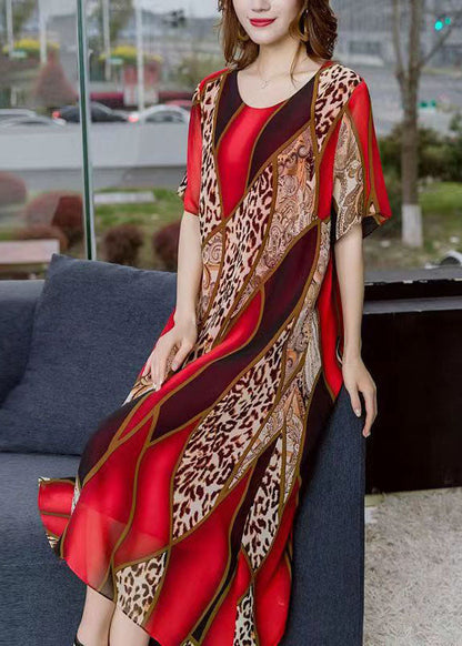 Red O Neck Leopard Print Patchwork Chiffon Dress Summer
