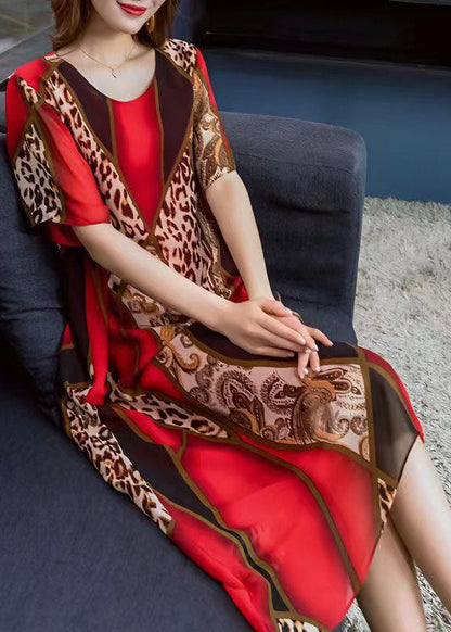 Red O Neck Leopard Print Patchwork Chiffon Dress Summer