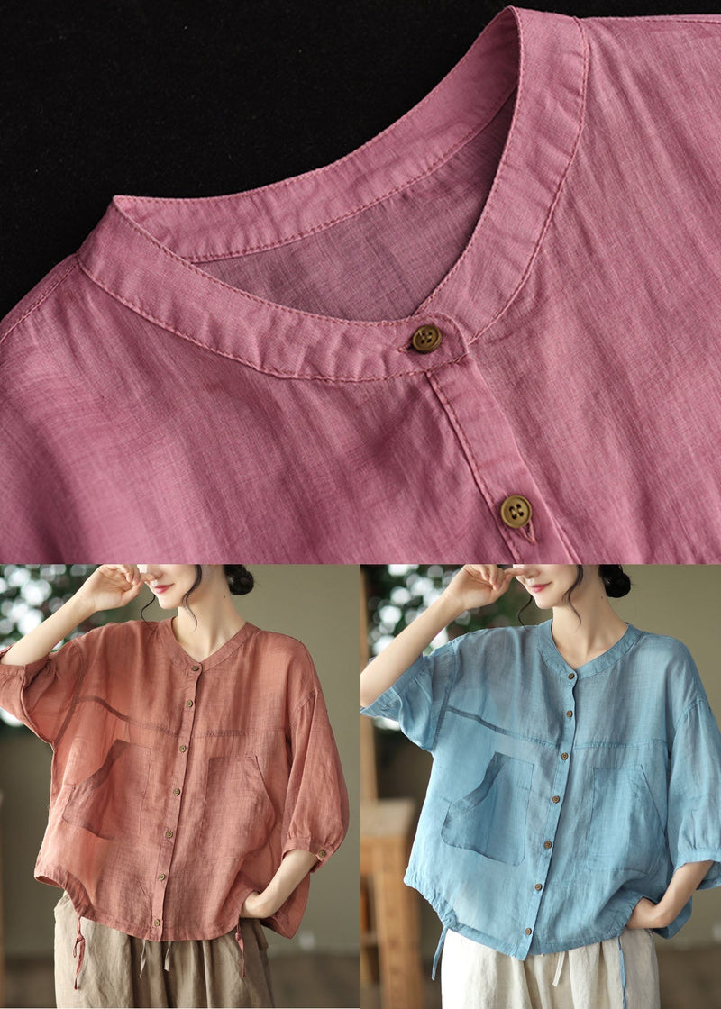 Red O-neck Oversized Pockets Linen Blouses Bracelet Sleeve
