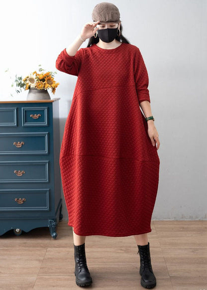 Red O-neck Patchwork Plaid Warm Fleece Dress Winter