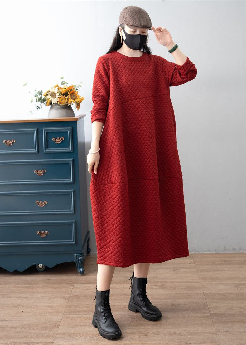 Red O-neck Patchwork Plaid Warm Fleece Dress Winter
