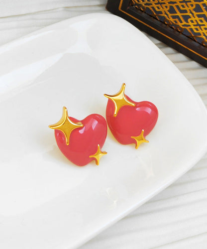 Red Patchwork Copper Heart Stud Earrings