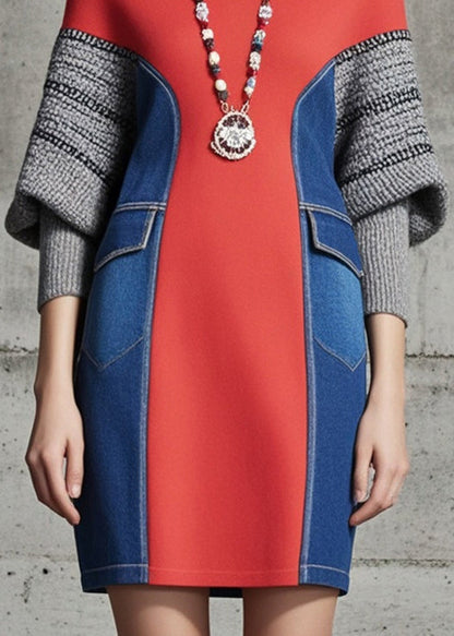 Red Patchwork Denim Cotton Sweatshirts Dress Batwing Sleeve
