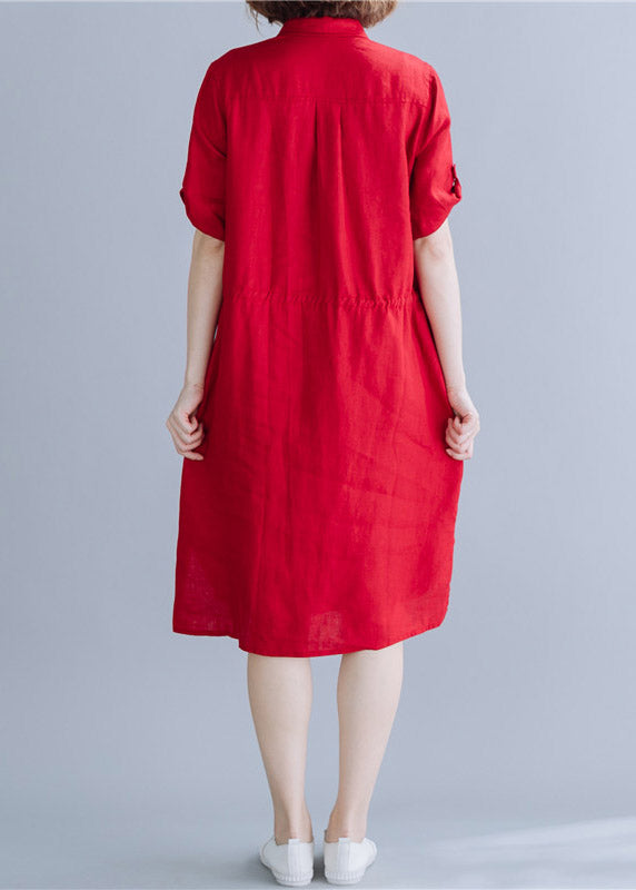Red Peter Pan Collar Drawstring Shirt Dresses Summer