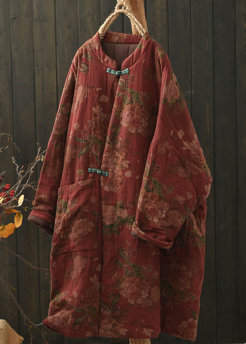 Red Pockets Print Oriental Button Fine Cotton Filled Coat Winter