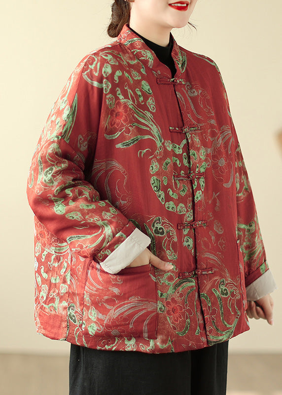 Red Print Chinese Button Fine Cotton Filled Parka Winter