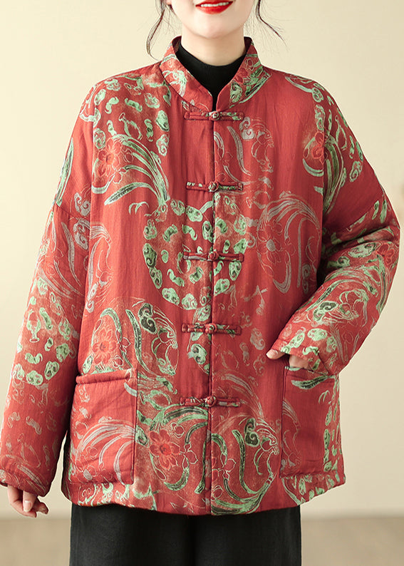 Red Print Chinese Button Fine Cotton Filled Parka Winter