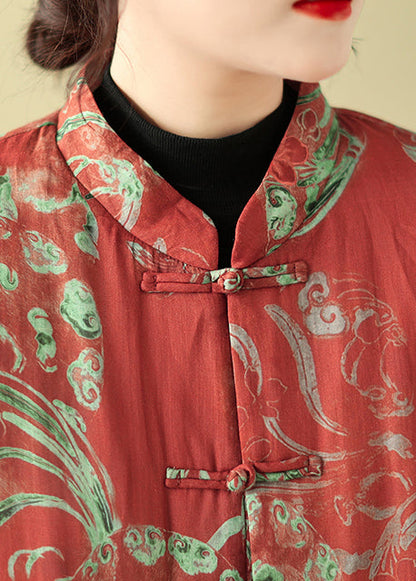 Red Print Chinese Button Fine Cotton Filled Parka Winter