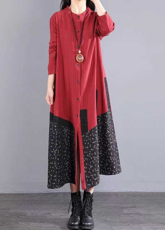 Red Print Pockets Patchwork Cotton Long Dresses Fall