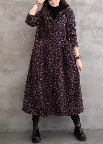 Red Print Pockets Patchwork Warm Fleece Hooded Trench Winter