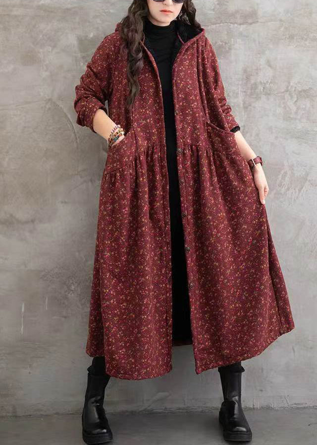 Red Print Pockets Patchwork Warm Fleece Hooded Trench Winter