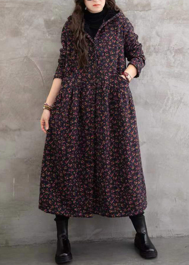 Red Print Pockets Patchwork Warm Fleece Hooded Trench Winter