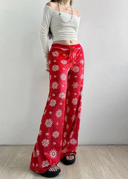 Red Print Tie Waist Silk Velvet Straight Pants Fall