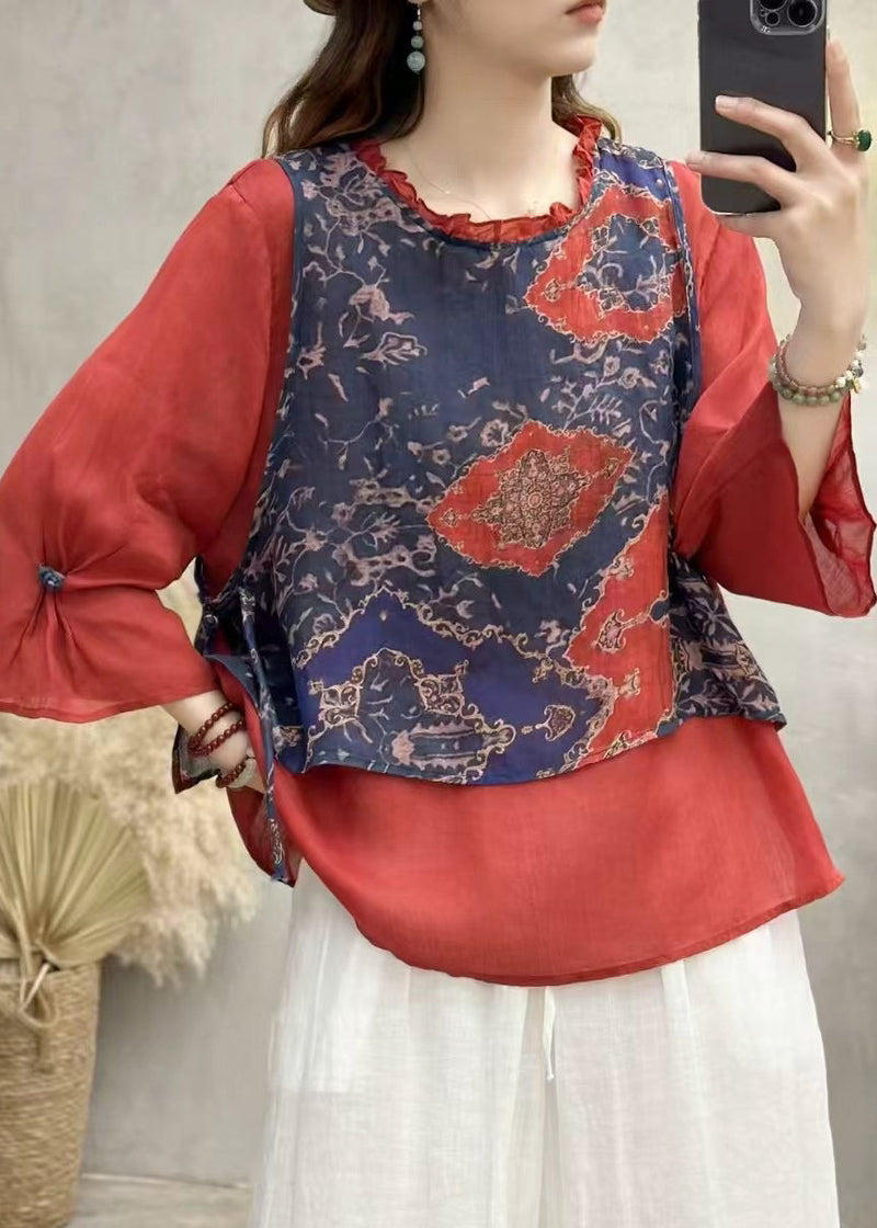 Red Ruffled Patchwork Linen Blouse Top Bracelet Sleeve