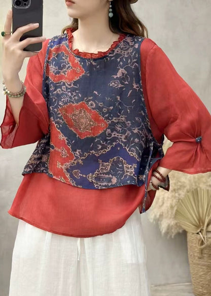 Red Ruffled Patchwork Linen Blouse Top Bracelet Sleeve