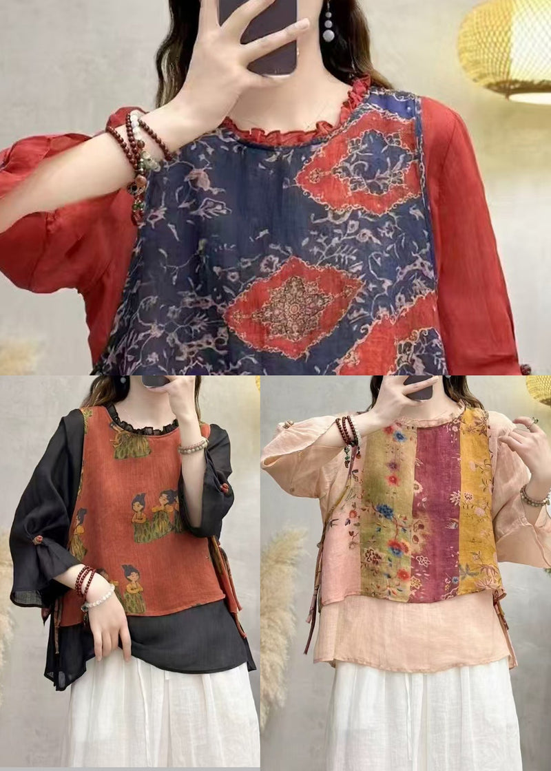 Red Ruffled Patchwork Linen Blouse Top Bracelet Sleeve