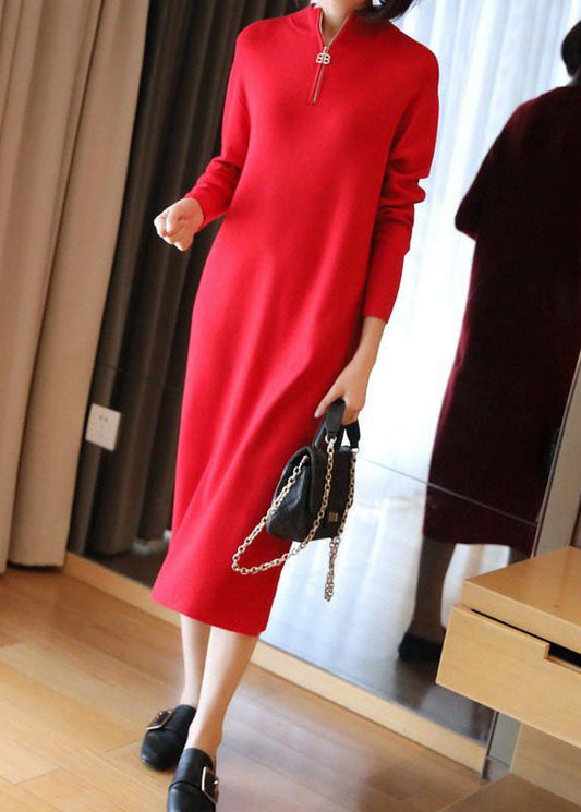 Red Stand Collar Zip Up Knit Maxi Dresses Spring