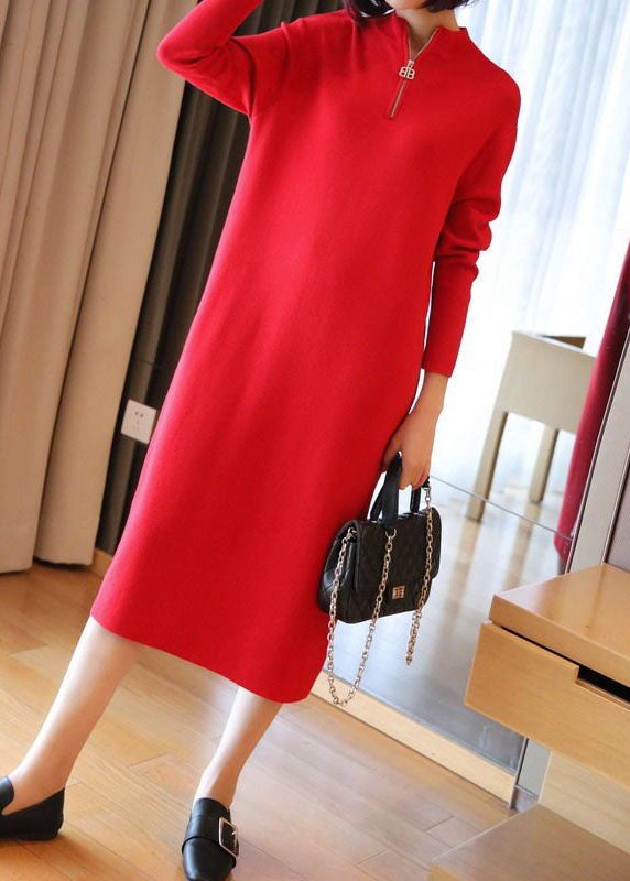 Red Stand Collar Zip Up Knit Maxi Dresses Spring