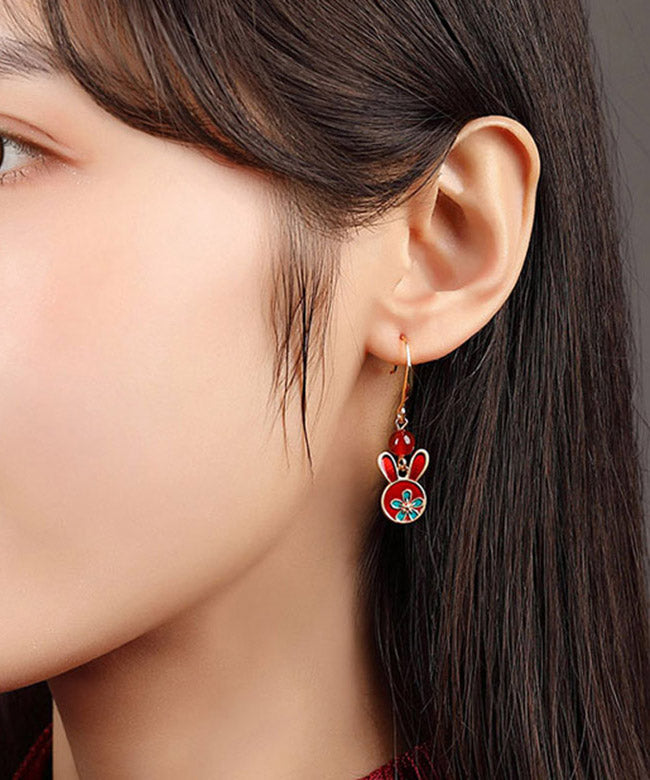 Red Sterling Silver Agate Cloisonne Rabbit Drop Earrings