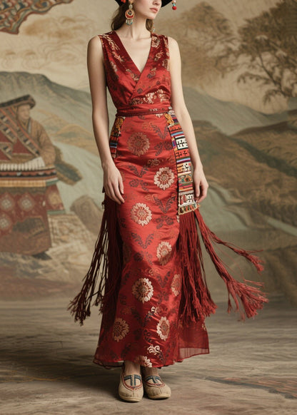 Red Tasseled Print Silk Long Dress Sleeveless