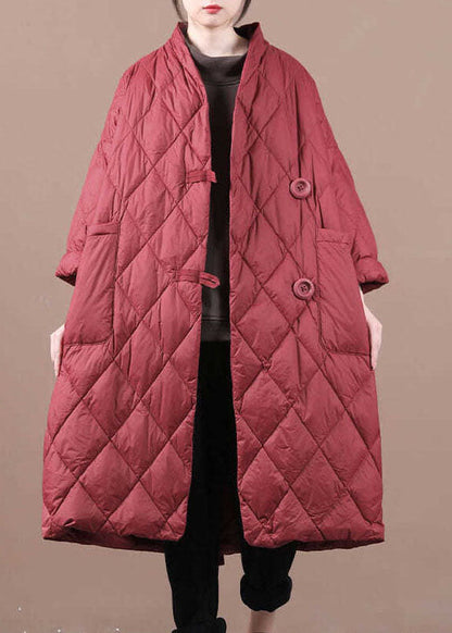 Red V Neck Button Fine Cotton Filled Winter Parka