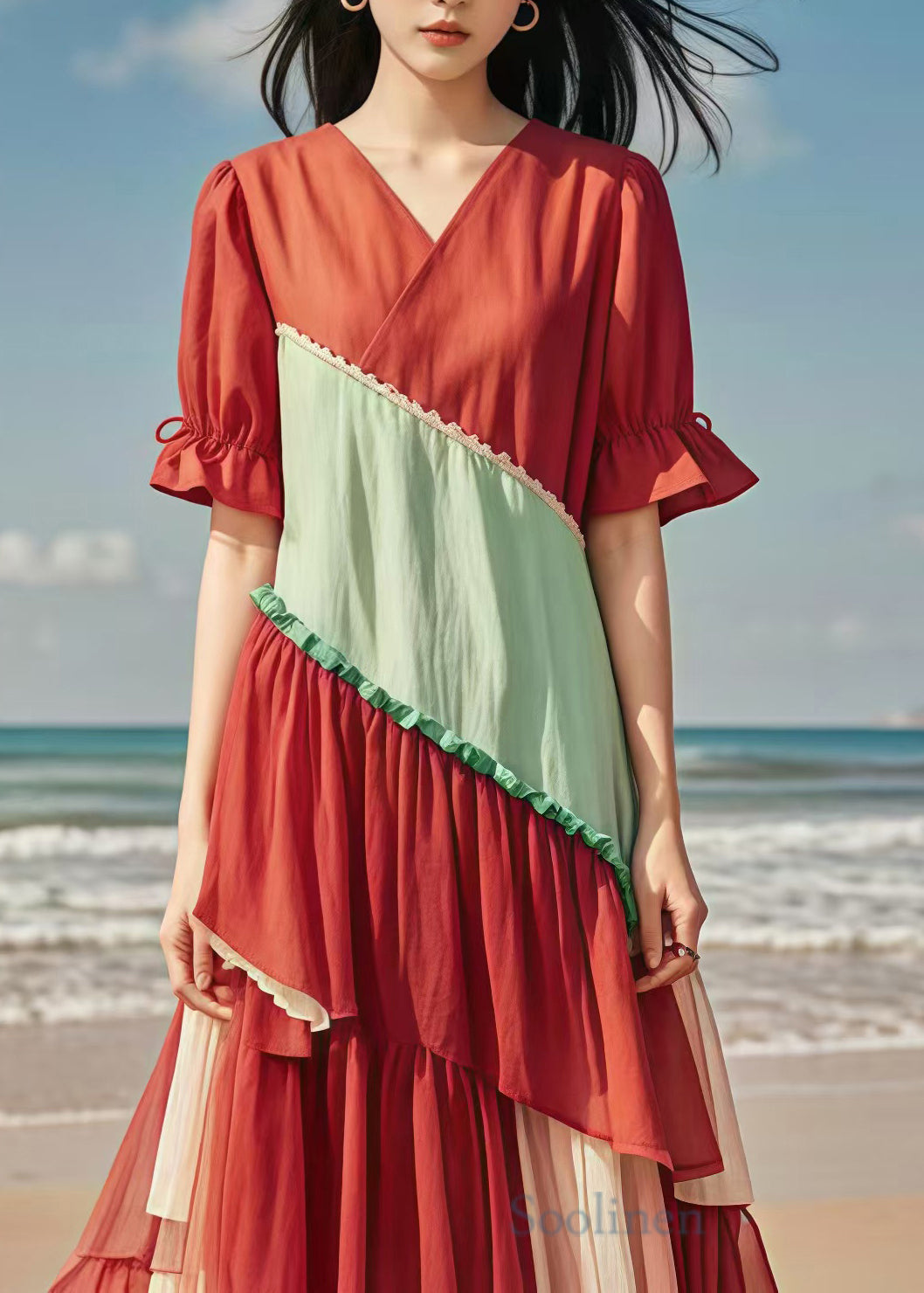 Red V Neck Patchwork Tulle Cotton Long Dress Summer