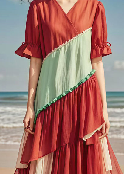 Red V Neck Patchwork Tulle Cotton Long Dress Summer