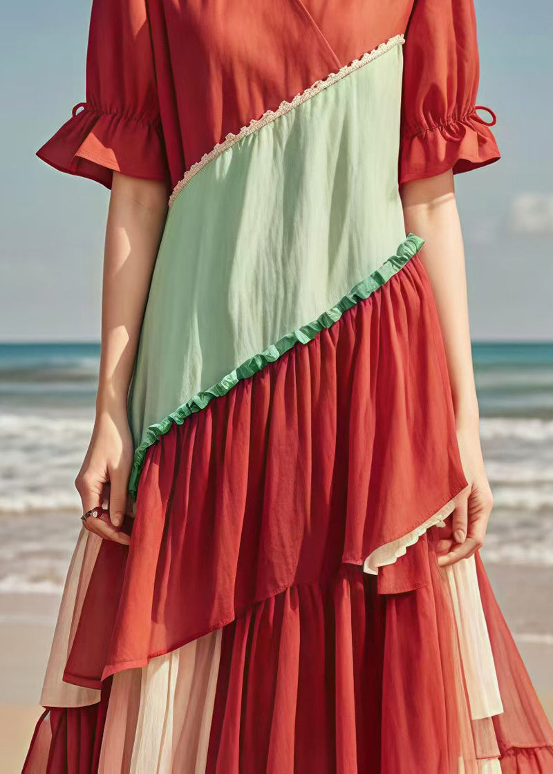 Red V Neck Patchwork Tulle Cotton Long Dress Summer