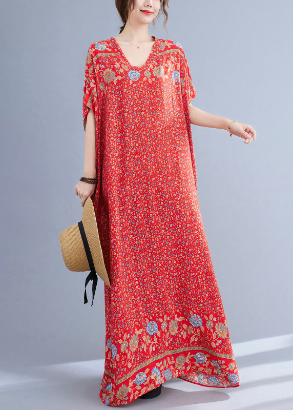 Red V Neck Print Cotton Holiday Long Dress Summer