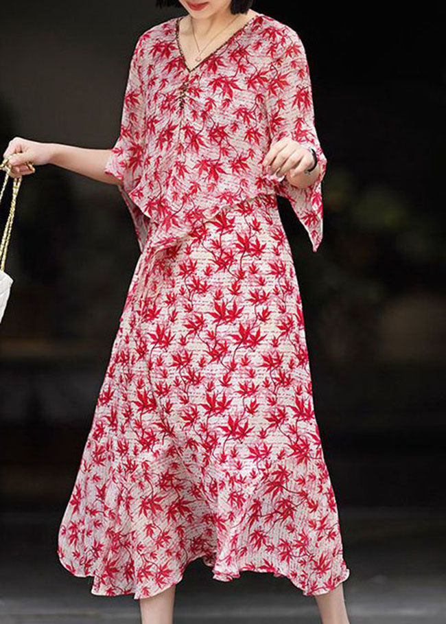 Red V Neck Print Patchwork Chiffon Dress Summer