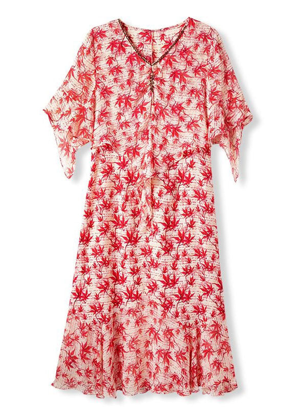 Red V Neck Print Patchwork Chiffon Dress Summer