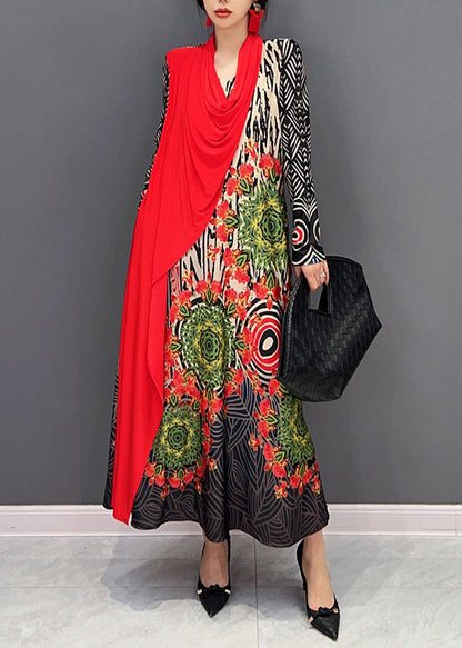 Red V Neck Print Patchwork Cotton Long Dresses Fall
