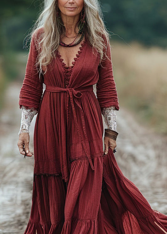 Red V Neck Wrinkled Patchwork Cotton Dresses Spring