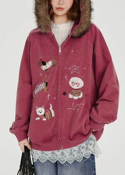Rose Embroidered Cotton Hooded Coat Spring