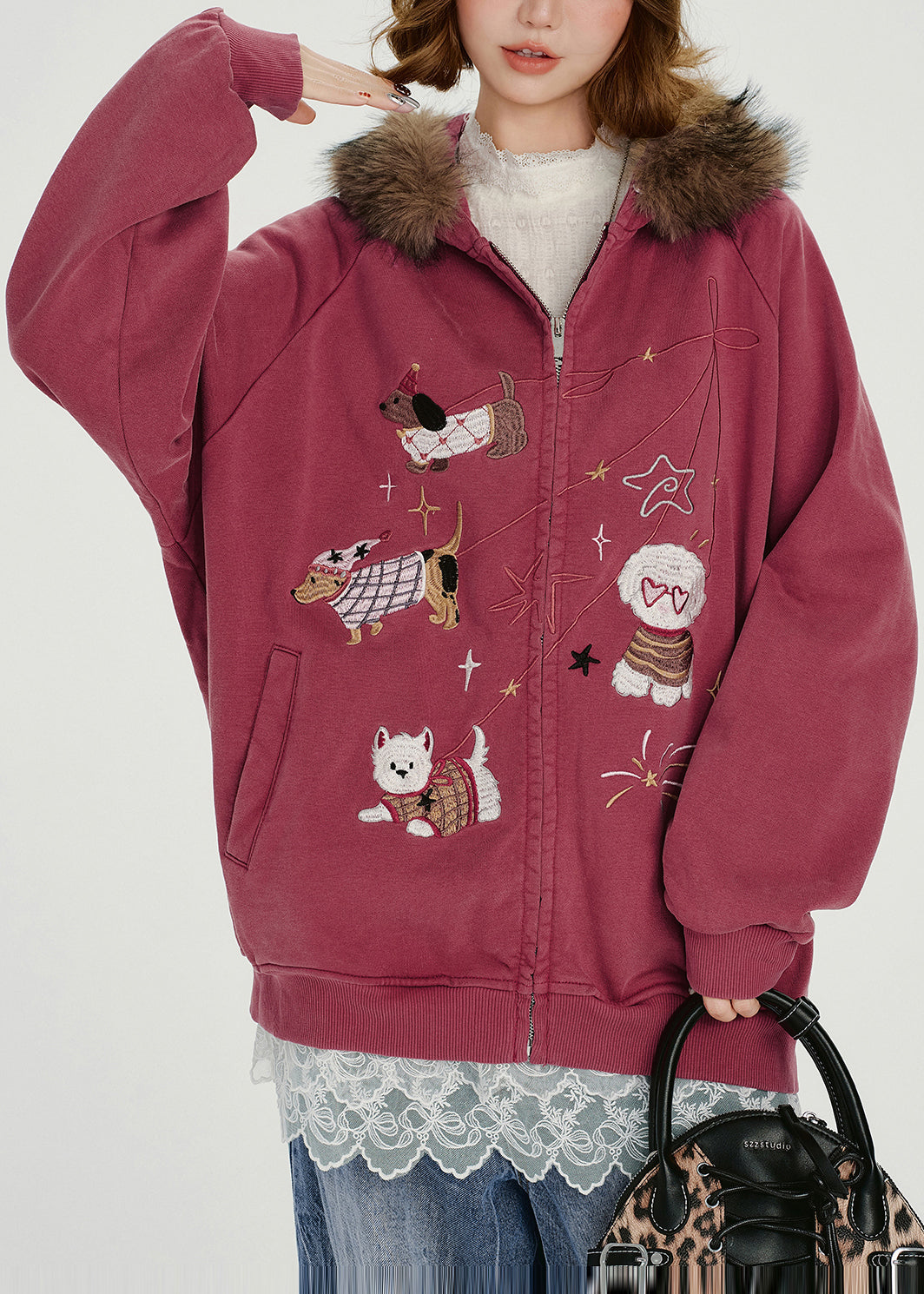 Rose Embroidered Cotton Hooded Coat Spring