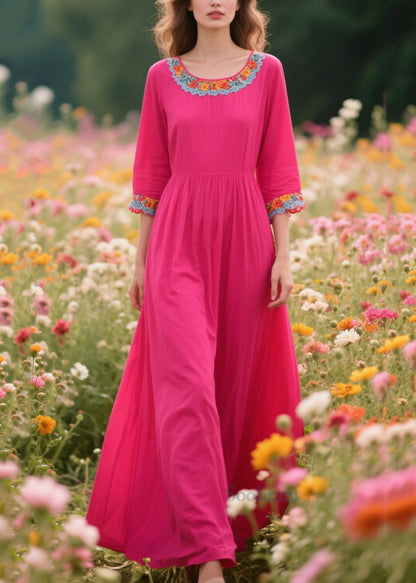 Rose O-neck Patchwork Lace Cotton Dresses Half Sleeve