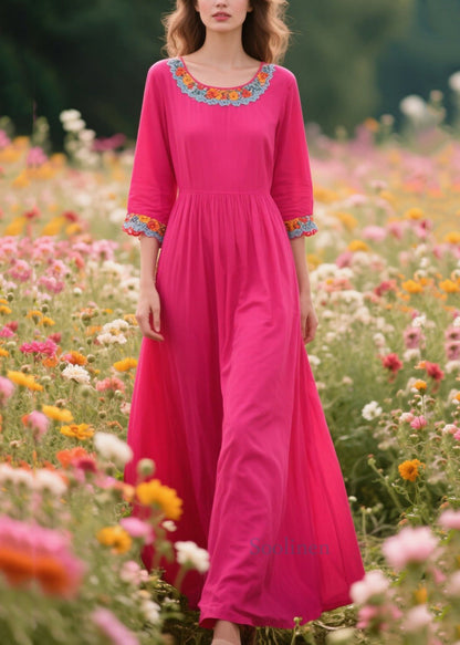 Rose O-neck Patchwork Lace Cotton Dresses Half Sleeve