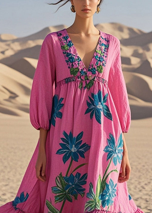 Rose Oversized Print Cotton Maxi Dresses Bracelet Sleeve